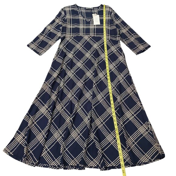 MASAI Copenhagen Narcelle Midi Dress Womens Medium Navy V-Neck Check Academia - Picture 11 of 12